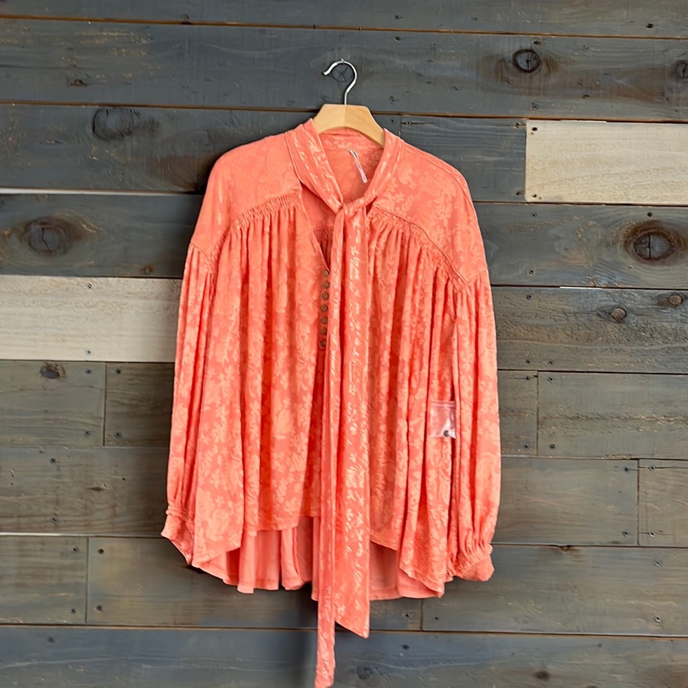 Free People Drapey Satin Effect Floral Print Jersey Blouse with Tie S